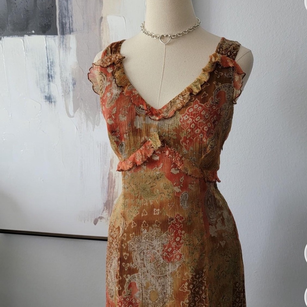 vintage silk chiffon tiered ruffle fairy earthy midi dress